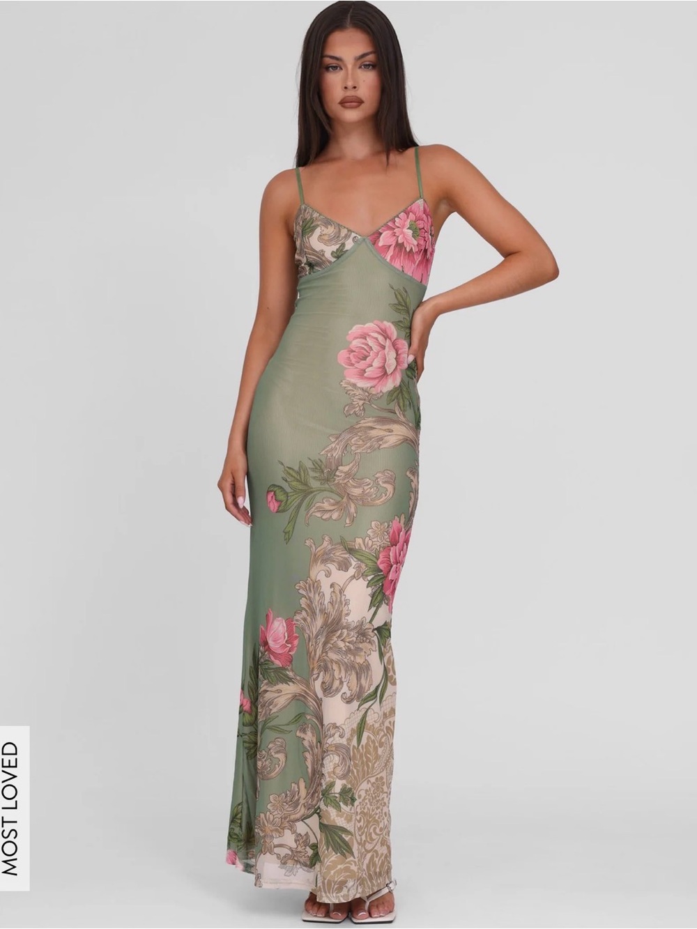 NWOT Tiger Mist JULIANNA Floral Slip Maxi Dress in Olive Green and Pink